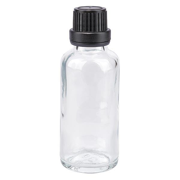 Butelka apteczna przezroczysta 30ml zakrętka czarna szczelna OV Butelka apteczna przezroczysta 30ml zakrętka czarna szczelna OV