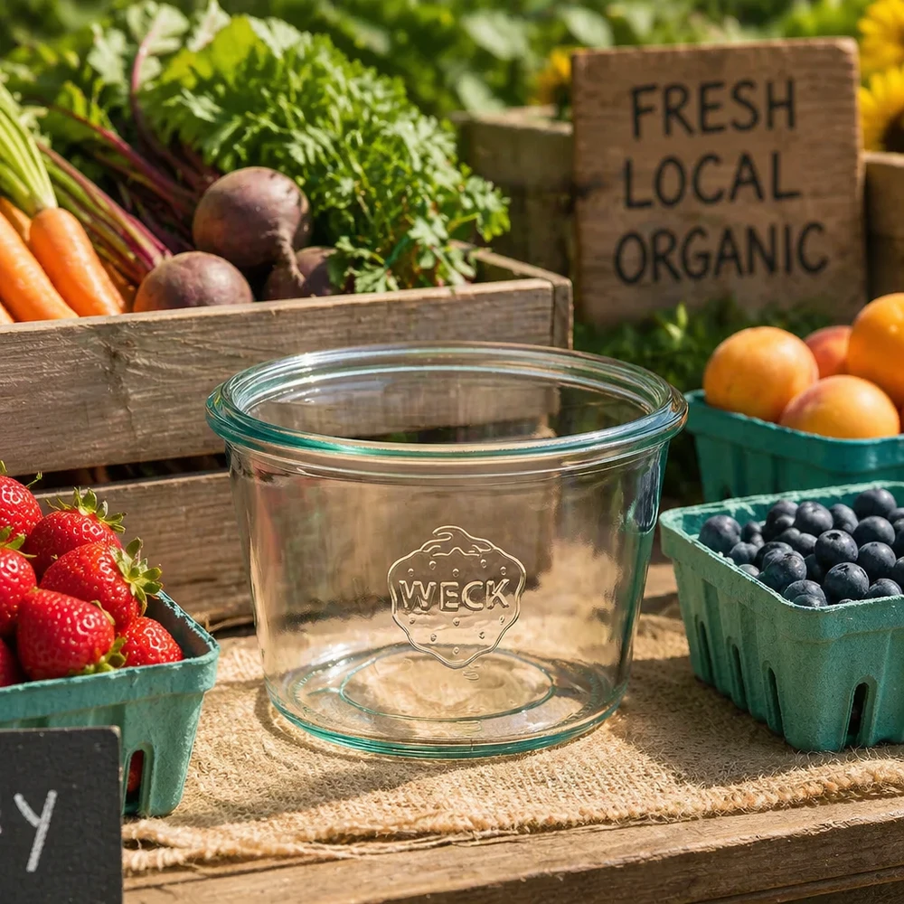 Kubki WECK 370ml RR100 na drewnianym stole ze świeżymi organicznymi owocami: truskawkami, jagodami i warzywami