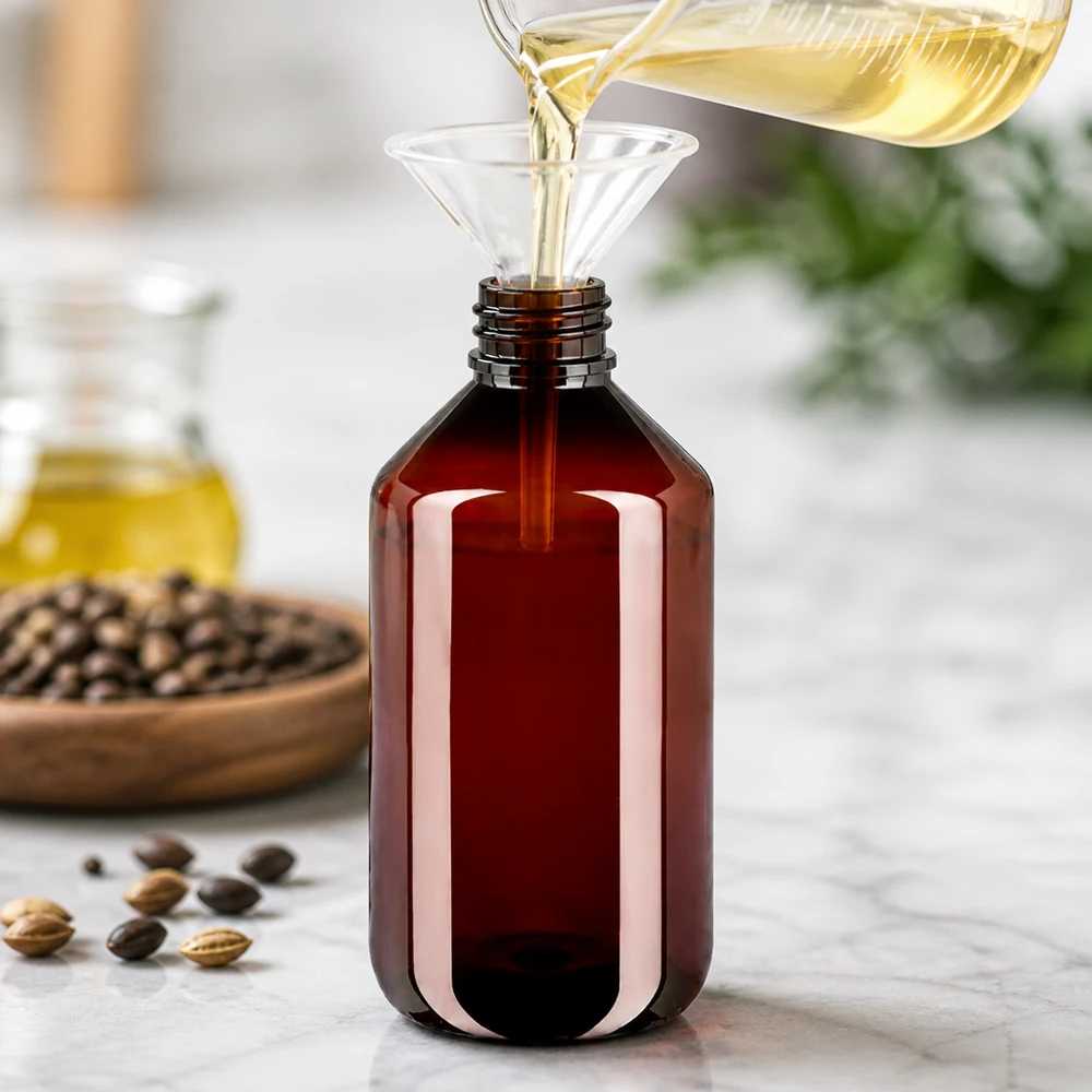 Butelka chroniąca przed światłem o pojemności 500 ml, wykonana z brązowego PET, z białym zamknięciem zabezpieczającym przed manipulacją, przeznaczona do wrażliwych olejów