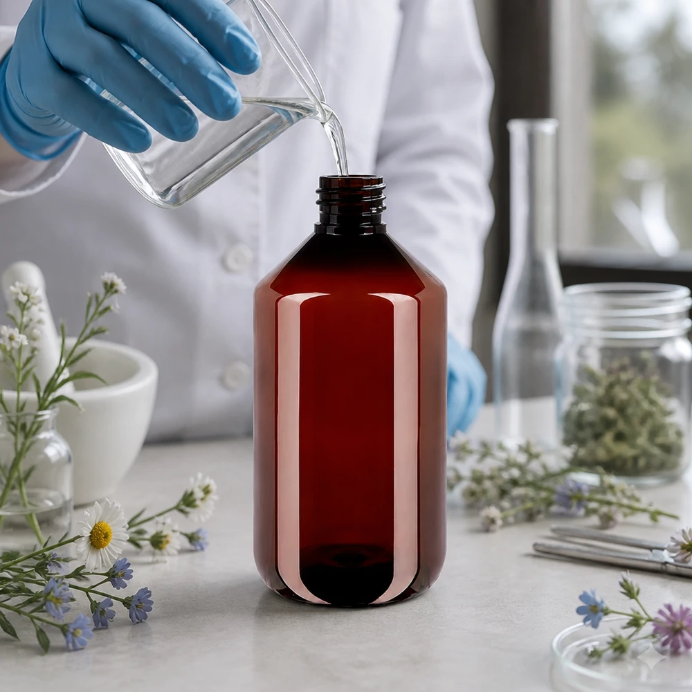 Brązowa butelka apteczna o pojemności 500 ml, wykonana z PET, z czerwonym zamknięciem odgazowującym, przeznaczona do płynów
