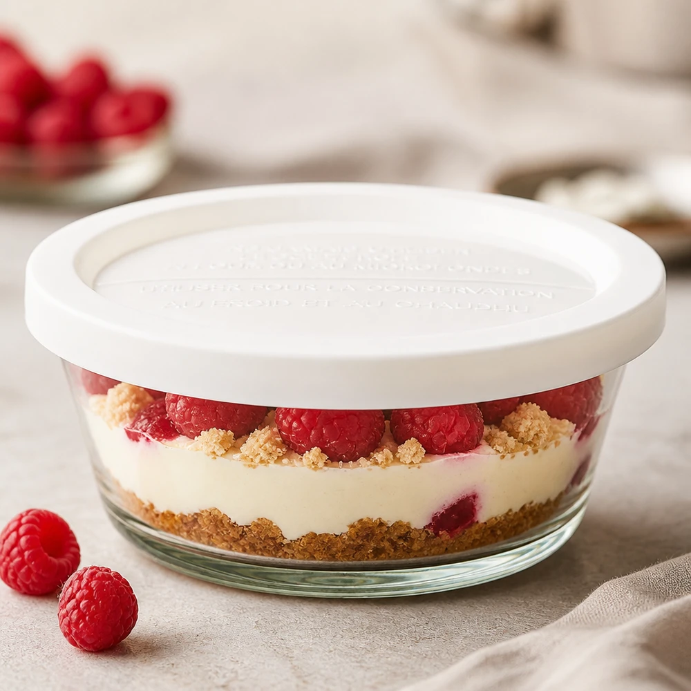 WECK RR120 gourmet słoik 300ml z pokrywką keep-fresh wypełniony deserem malinowym jako przykład deseru warstwowego