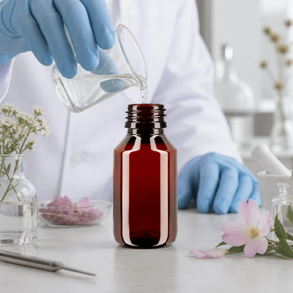 Butelka PET 50ml PP28 bez zakrętki Mała butelka PET o pojemności 50 ml, w kolorze bursztynowym, z gwintem PP28, przeznaczona do napełniania płynem w laboratorium