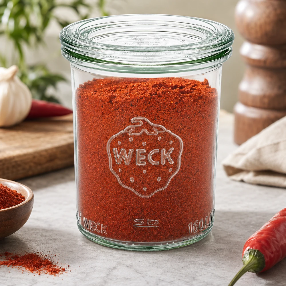 Słoik WECK 160ml RR60 wypełniony czerwoną papryką w proszku w kuchni z chili, czosnkiem i młynkiem do przypraw