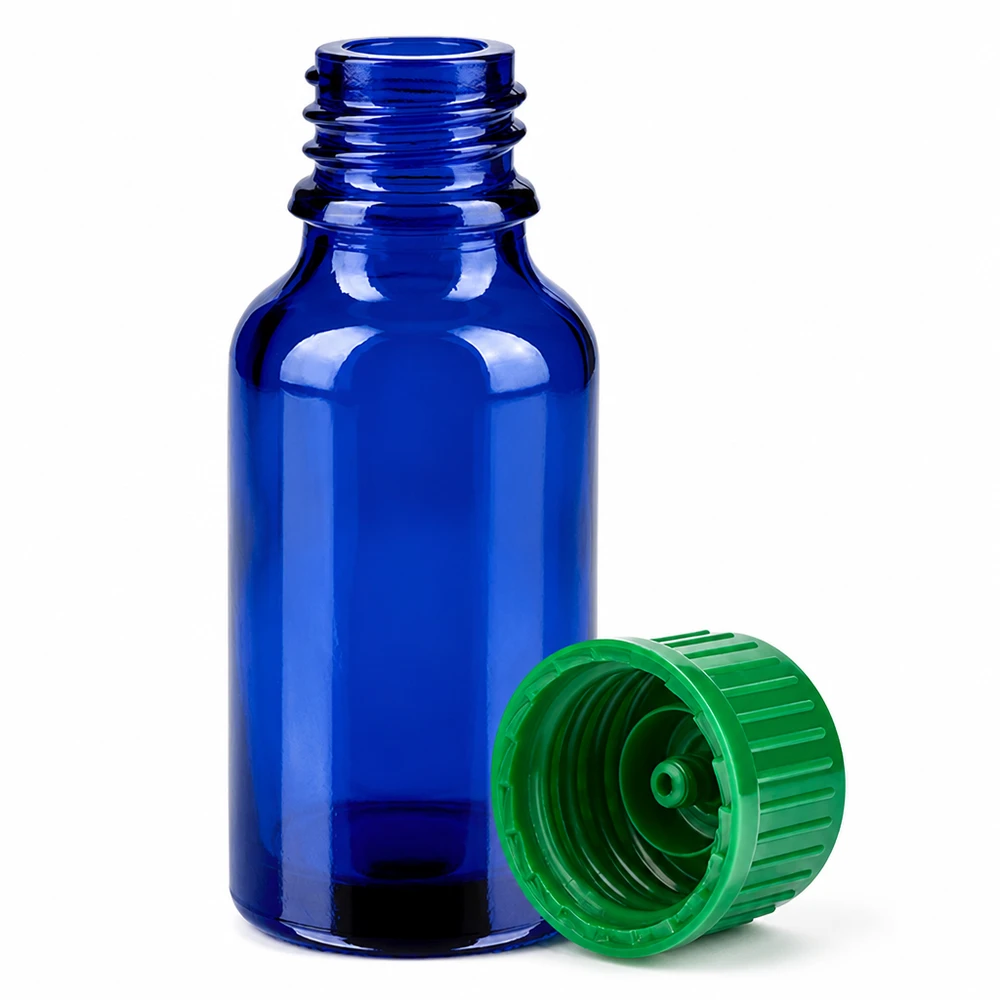 Butelka 20 ml 11 mm SV zielona STD BlueLine UT18/20 Mała butelka laboratoryjna o pojemności 20 ml wykonana z niebieskiego szkła z zieloną zakrętką z gwintem standardowym 11 mm BlueLine