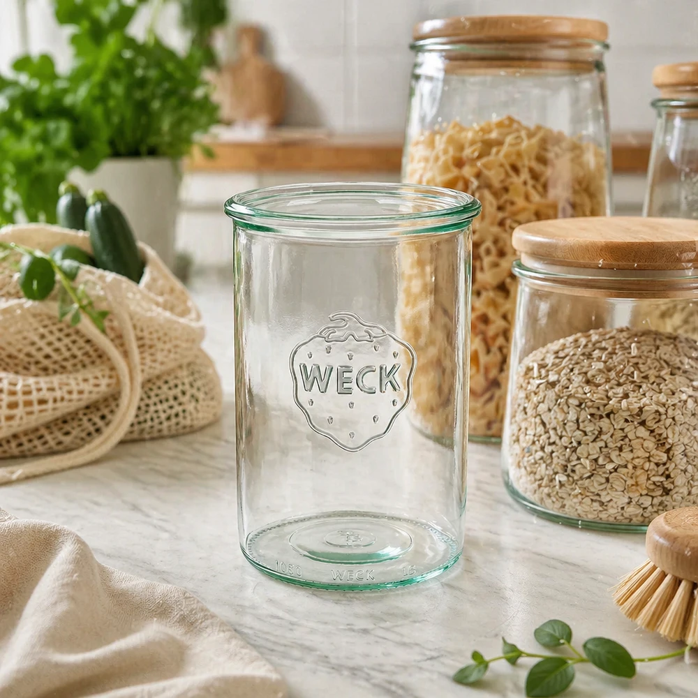 Słoik z szeroką szyjką WECK RR100, 1000 ml WECK 1000ml RR100 szklany słoik do przechowywania z logo w zrównoważonej kuchni ze słoikami do przechowywania i żywnością ekologiczną