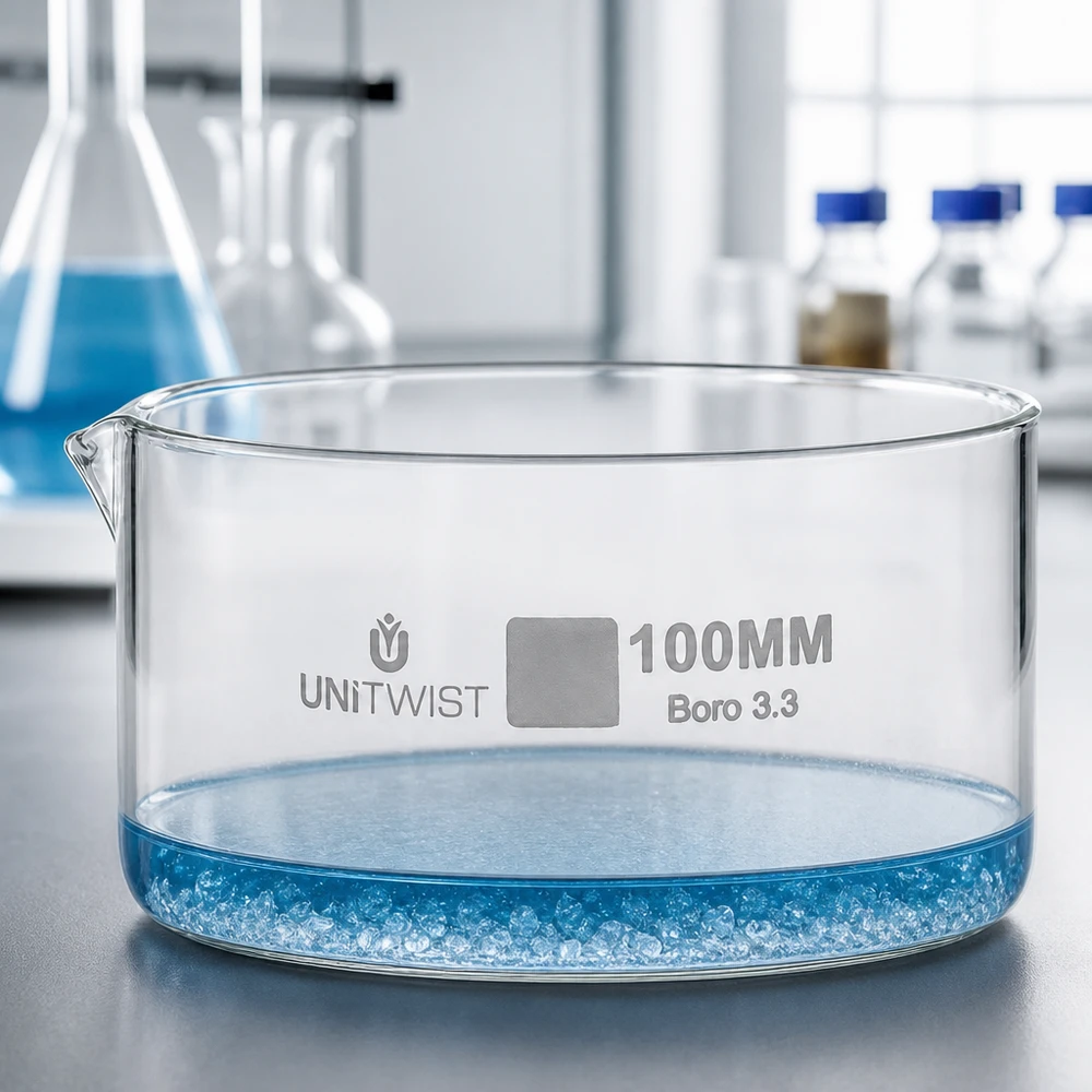 UNiTWIST Miska krystalizacyjna 100 mm, Boro 3.3, płaska konstrukcja, niska krawędź, szkło laboratoryjne, przezroczyste