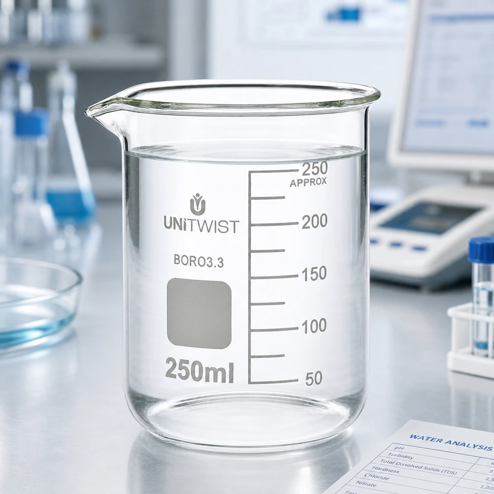 Szklanka o pojemności 250 ml, niskiego kształtu, na wadze laboratoryjnej, z dokumentem dotyczącym analizy wody w tle