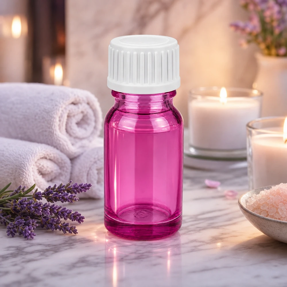 Butelka o pojemności 10 ml. Pierścień do nalewania 3 mm, biały, standardowy PurpleLine. UT18/10 Kompaktowa szklana butelka o pojemności 10 ml z fioletowym gwintem do samodzielnego przygotowywania kosmetyków i pielęgnacji skóry