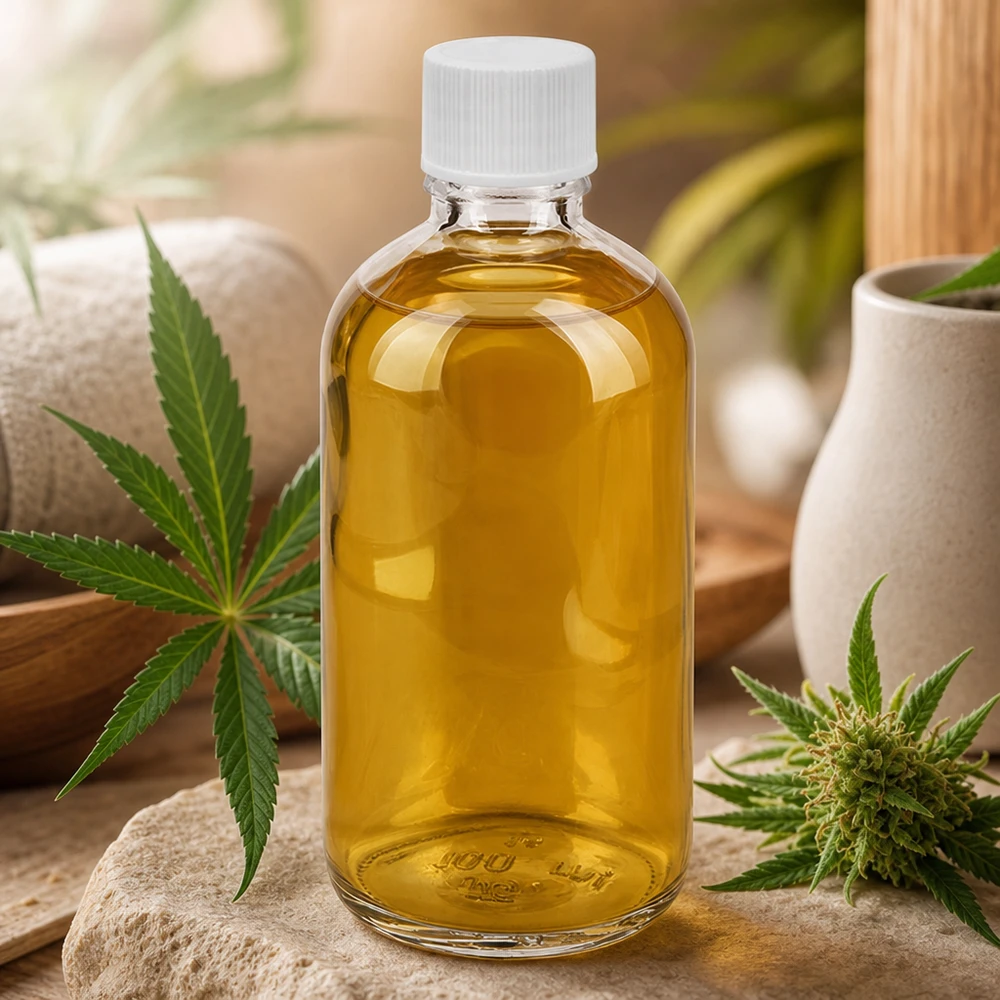 Olejek CBD w przezroczystej szklanej butelce o pojemności 100 ml z białym zamknięciem zabezpieczającym 11 mm SV ClearLine