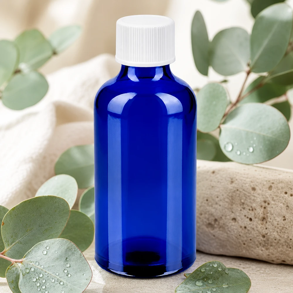 50 ml szklana butelka BlueLine w kolorze kobaltowego błękitu z białą zakrętką z rowkami do bezpiecznego przechowywania