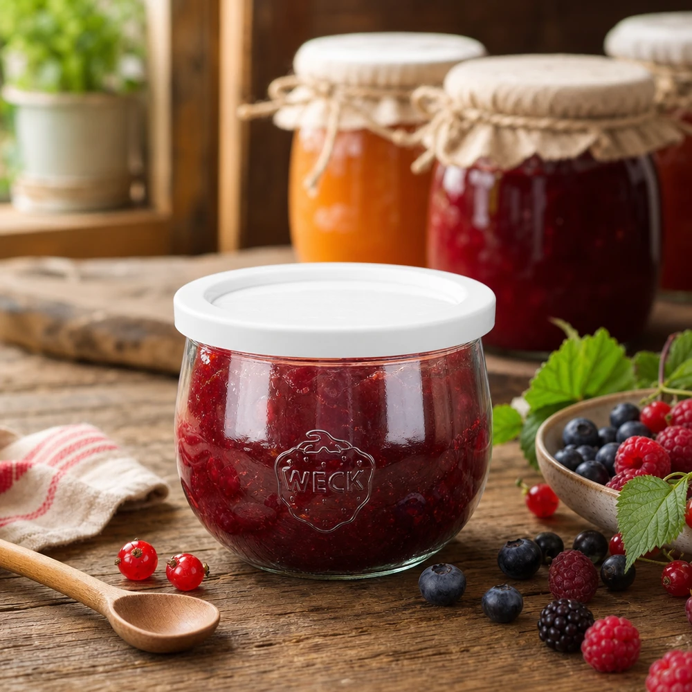 Słoik tulipan WECK 580ml RR100 wypełniony konfiturą jagodową w rustykalnej kuchni ze świeżymi owocami i słoikami na przetwory
