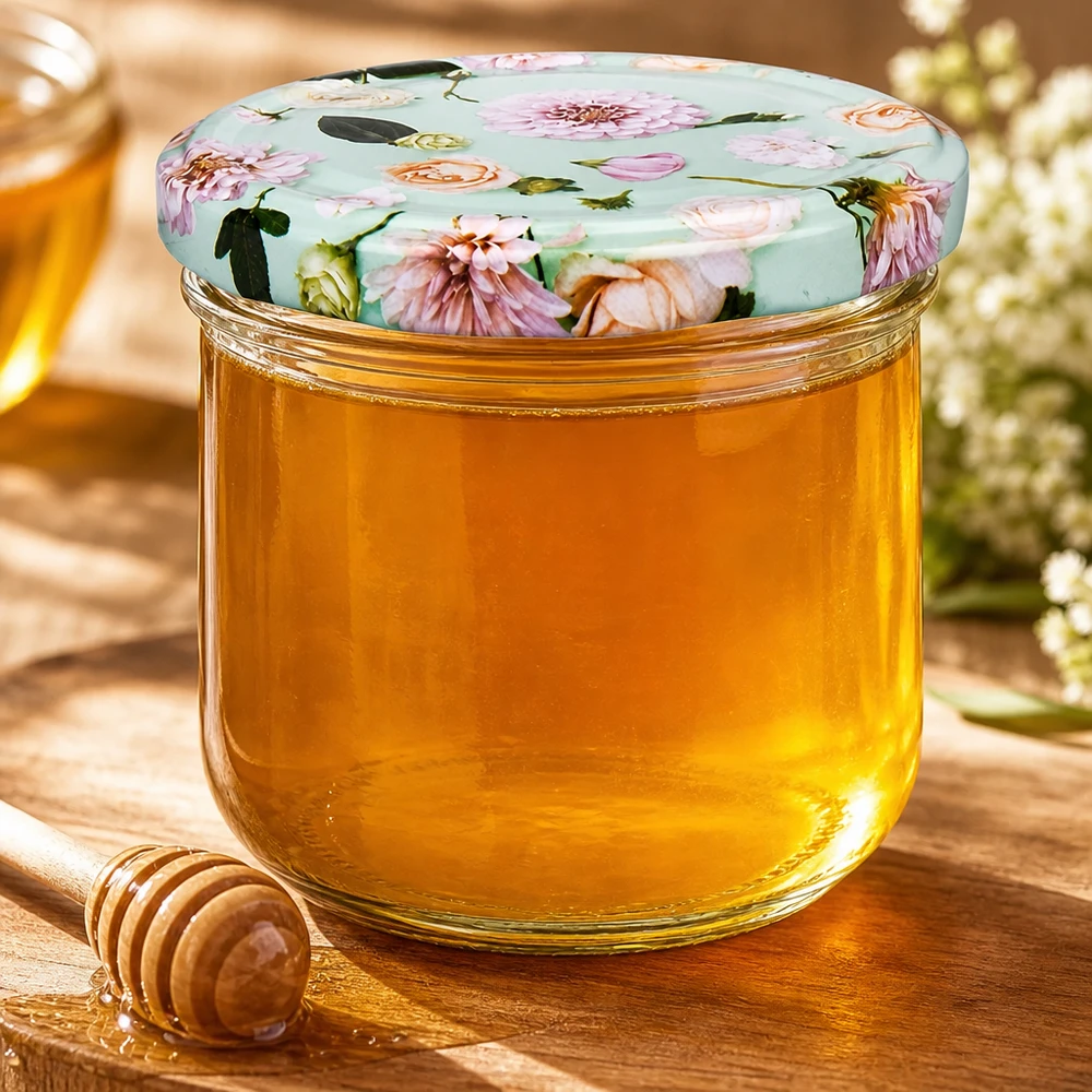 260 ml miętowy szklany słoik z pokrywką BasicSeal wypełniony złotym miodem, obok drewniana łyżka do miodu