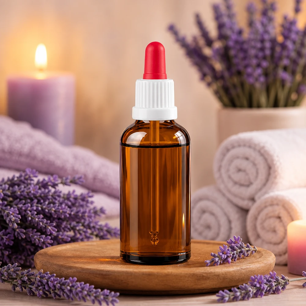 50 ml butelka z pipetą, biała/czerwona OV BrownLine UT18/50 Kompaktowa butelka z bursztynowego szkła o pojemności 50 ml z pipetą do zastosowań w aromaterapii