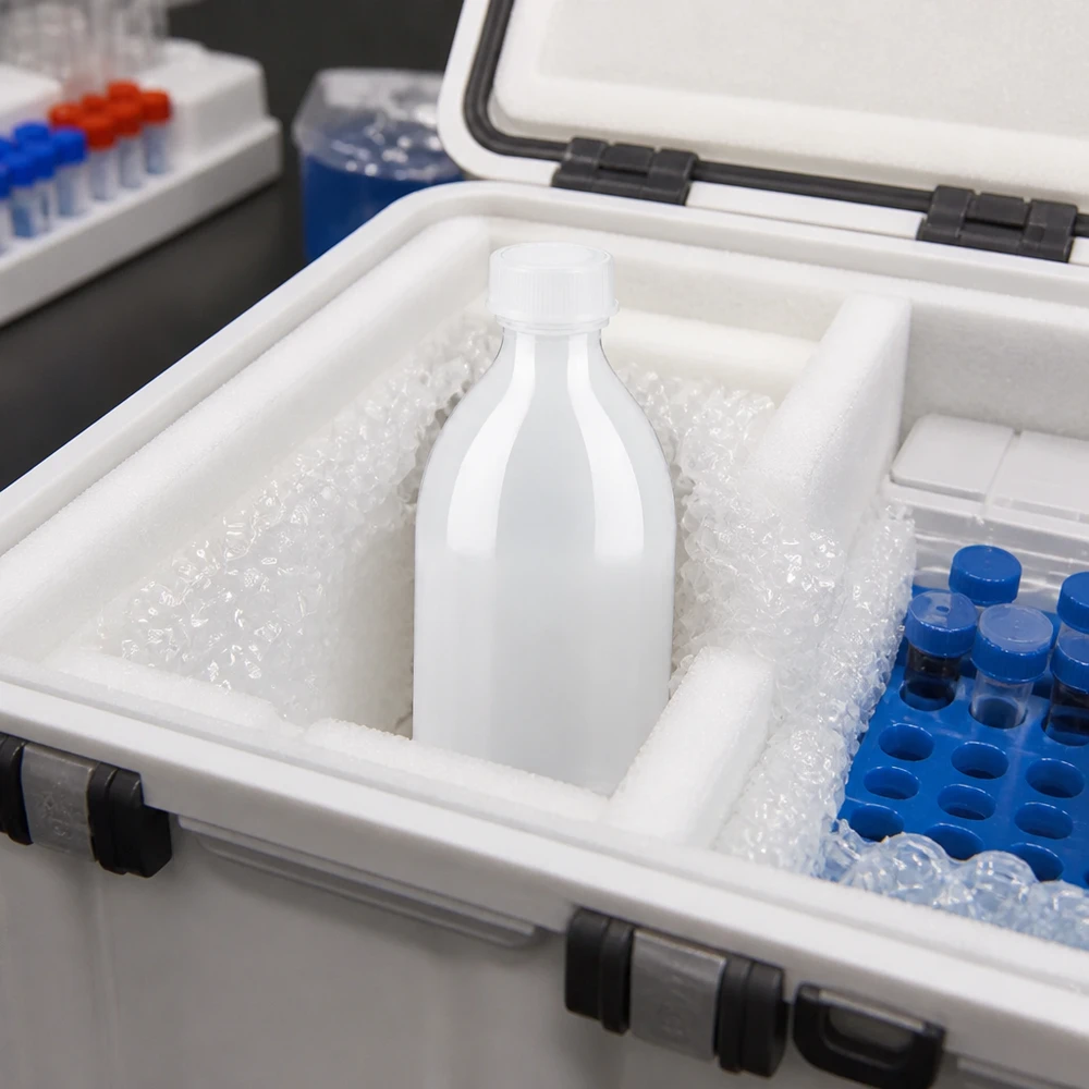 Butelka zakręcana 250 ml, butelka laboratoryjna z wąską szyjką 250 ml biała butelka z wąską szyjką i zakrętką, umieszczona na lodzie w laboratoryjnej lodówce do przechowywania próbek wrażliwych na temperaturę