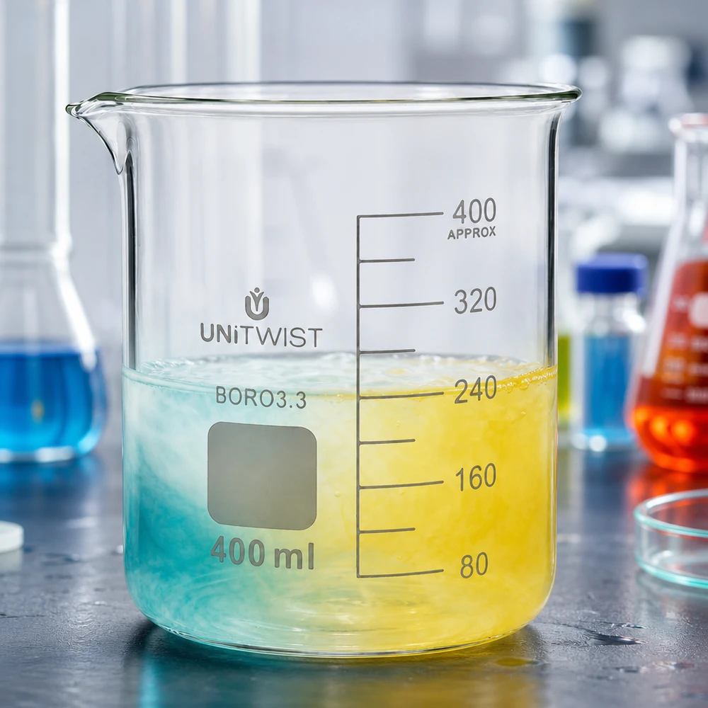 Szklanka UNiTWIST o pojemności 400 ml, wykonana ze szkła borokrzemowego, z kolorową cieczą w odcieniach niebieskiego i żółtego w laboratorium