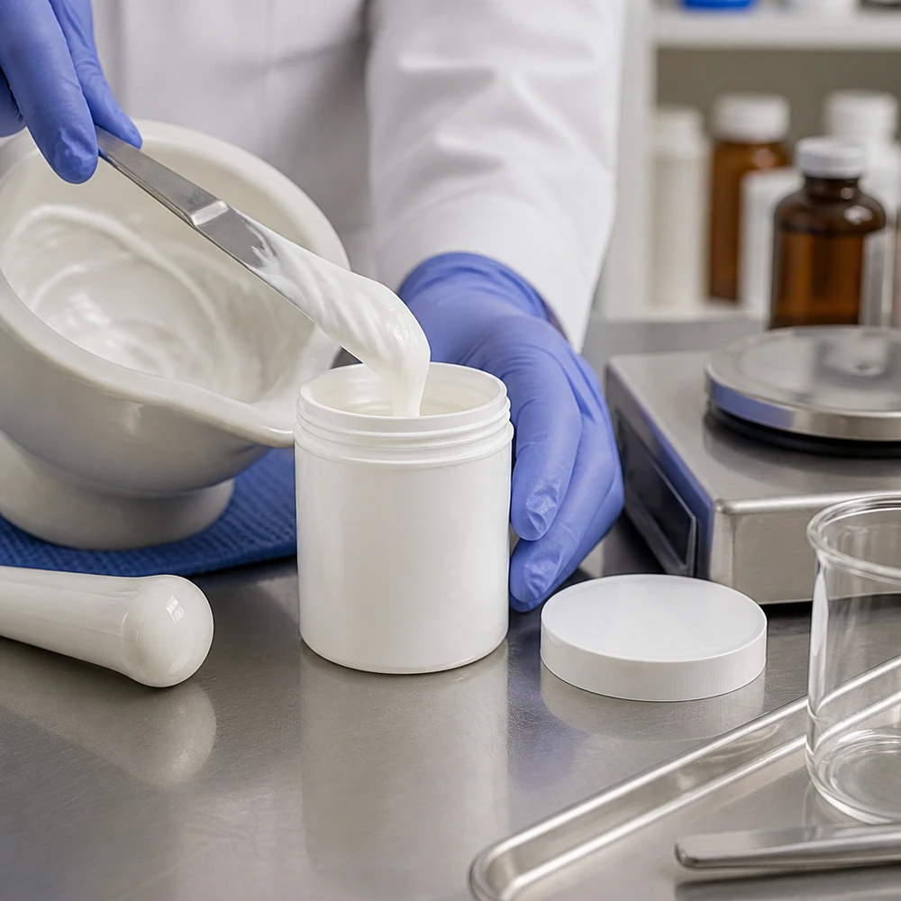 Produkcja farmaceutyczna maści w białym słoiku o pojemności 500 g, wykonanym z tworzywa PP, w laboratorium w pomieszczeniu czystym