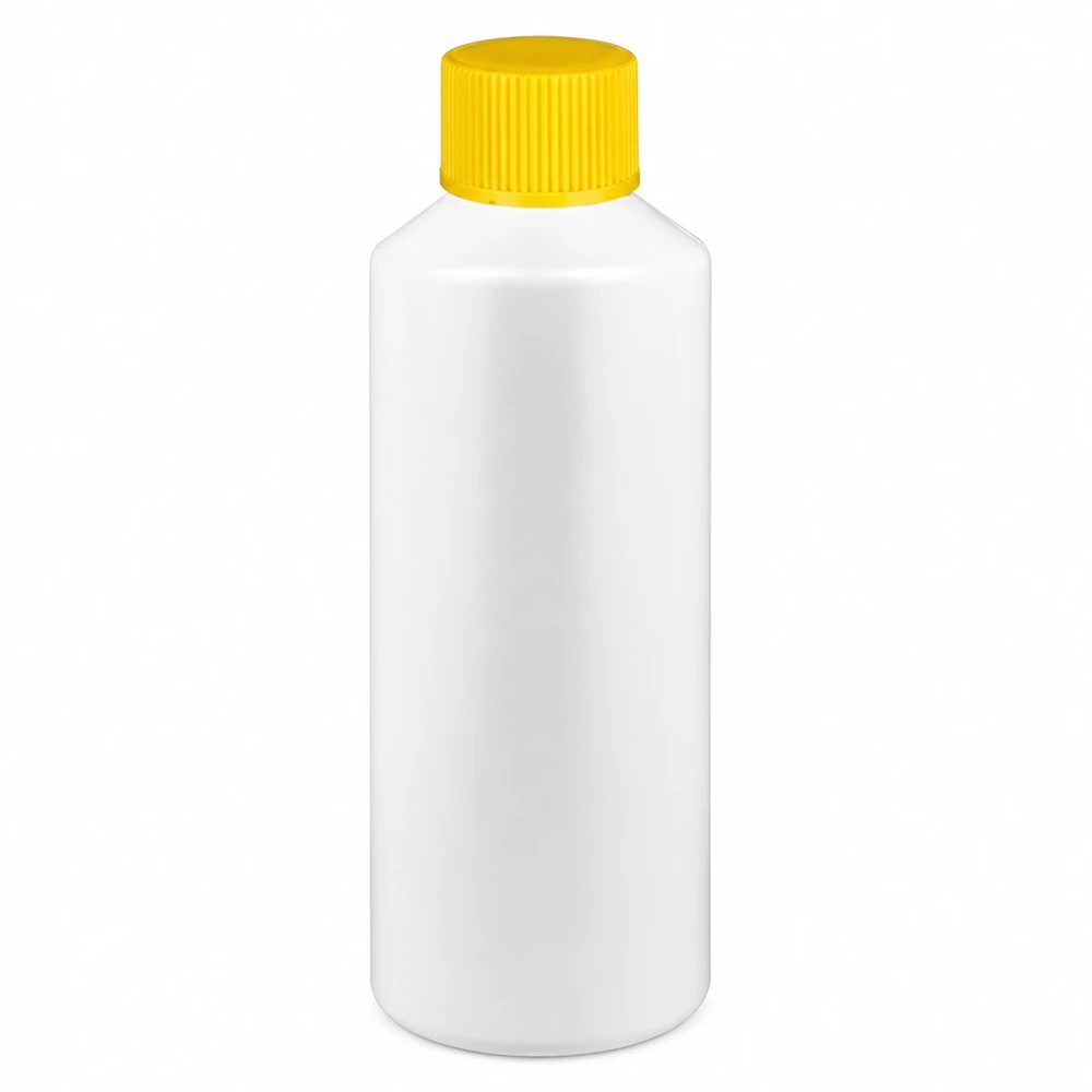 Biała butelka apteczna z HDPE o pojemności 100 ml z żółtą zakrętką