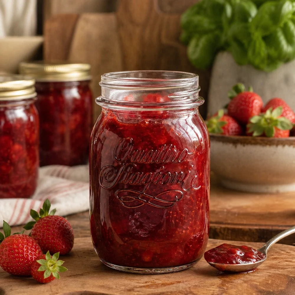 500 ml słoik Quattro Stagioni wypełniony dżemem truskawkowym na drewnianym stole ze świeżymi truskawkami