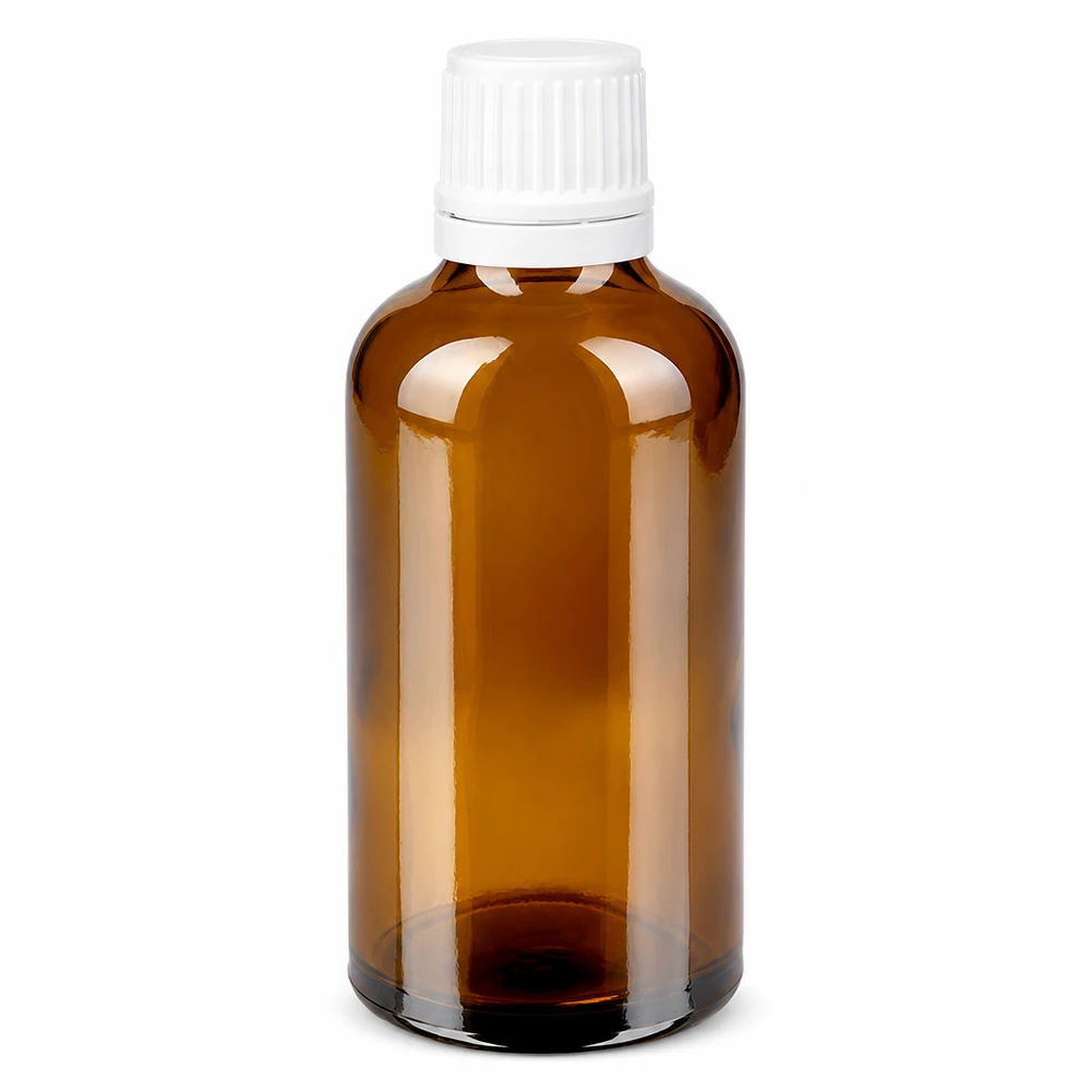 Butelka apteczna brązowa 50ml zakrętka biała OV 50 ml brązowa szklana butelka apteczna z białym zakrętkiem i plombą zabezpieczającą