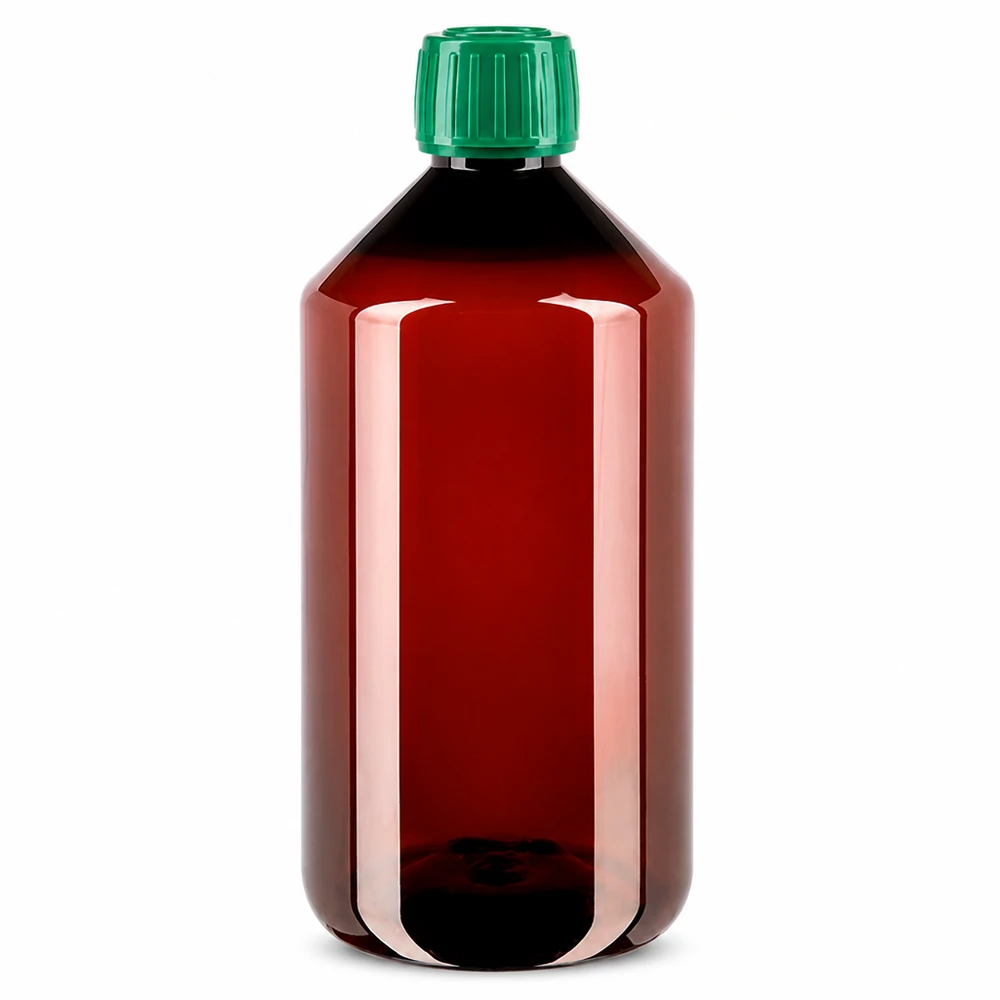 Brązowa butelka PET o pojemności 750 ml z zieloną oryginalną nakrętką, przeznaczona dla branży farmaceutycznej i chemicznej
