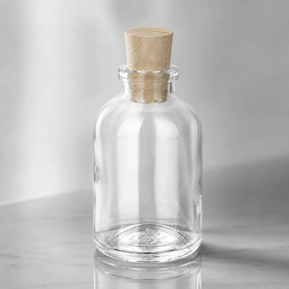 Przezroczysta szklana butelka 50 ml z korkiem 11/14 mm Hochwertige Glasflasche 50ml mit luftdichtem Korken 11/14mm seitliche Ansicht