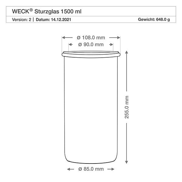 Tumbler 1500ml WECK RR100 z korkiem naturalny Kubki WECK 1500ml RR100 rysunek techniczny wymiary średnica 108mm wysokość 255mm specyfikacja
