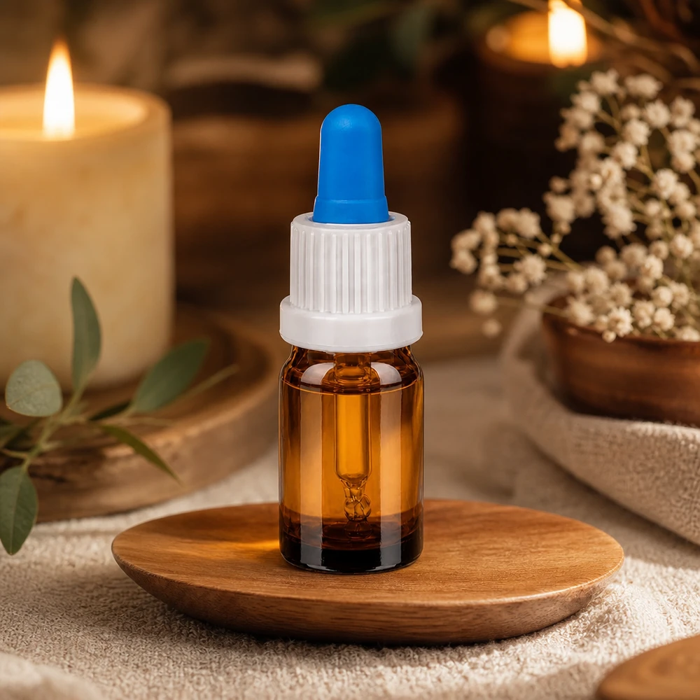Butelka do leków płynnych 5 ml biała/niebieska OV BrownLine UT18/5 Elegancka butelka z pipetą o pojemności 5 ml z ciepłego bursztynowego szkła ze stylową białą zakrętką i niebieskim zakraplaczem