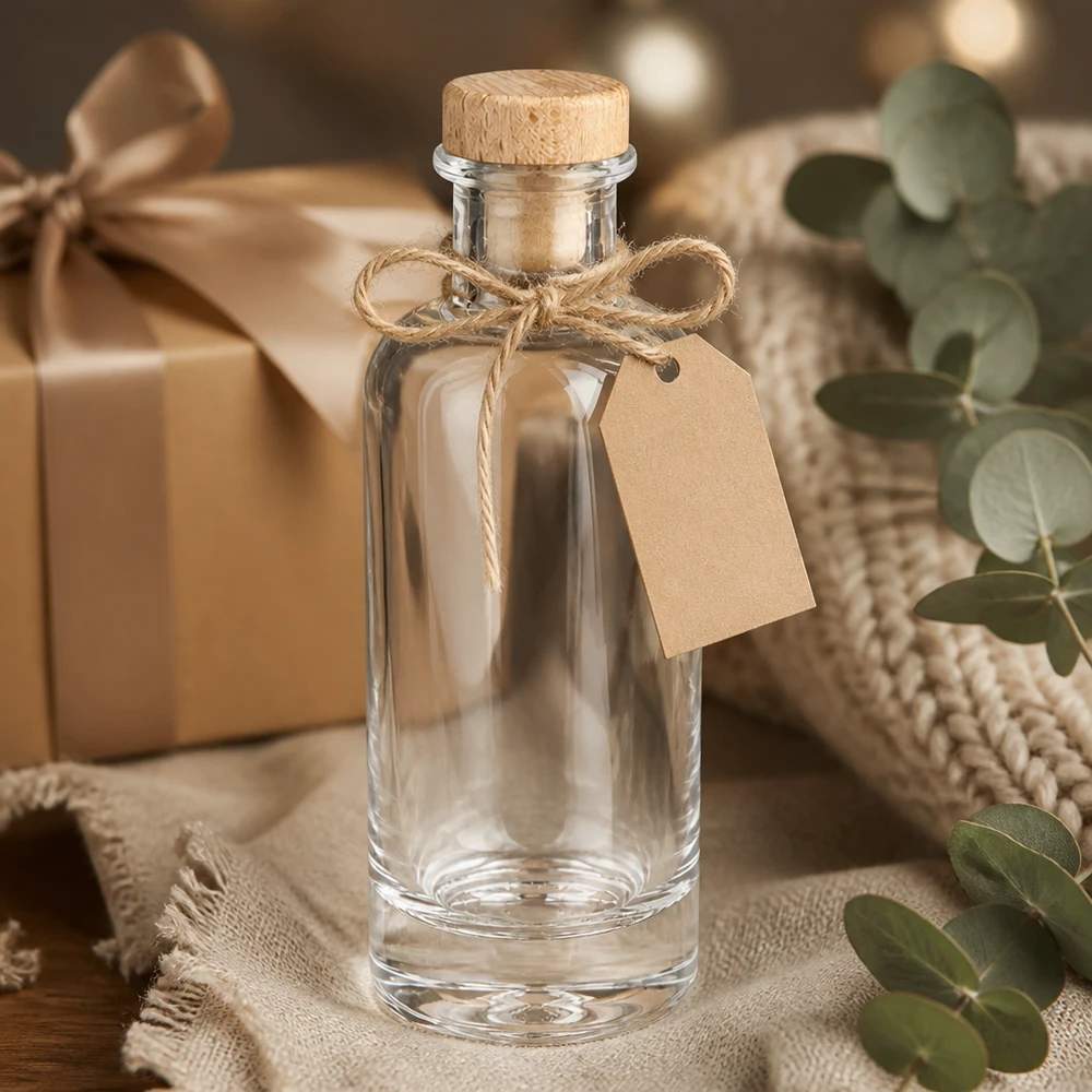 Szklana butelka 200 ml Ella z drewnianym korkiem z uchwytem UNiTWIST® 200ml Glasflasche Ella leer mit Holzkorken und Geschenkanhänger dekorativ arrangiert mit Eukalyptus und Geschenkbox