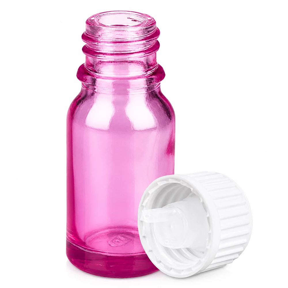 Butelka z zakraplaczem 10 ml 0,9 mm biały standard PurpleLine. UT18/10 Fioletowa szklana butelka 10 ml z zakraplaczem 0,9 mm i białą nasadką na olejki eteryczne