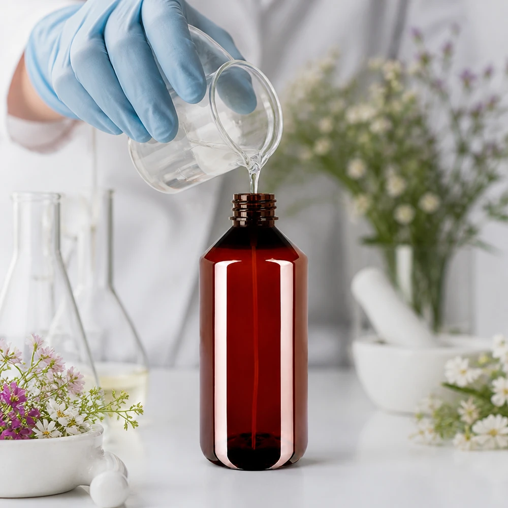 Butelka PET o pojemności 1000 ml w kolorze bursztynowym jest napełniana w laboratorium przezroczystym płynem
