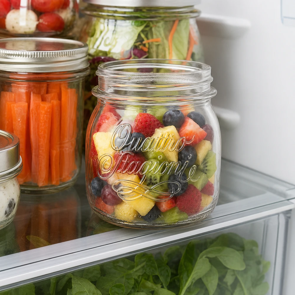 Szklanka domowa "Quattro Stagioni" o pojemności 250 ml 250ml Quattro Stagioni Einmachglas mit buntem Obstsalat im Kühlschrank - perfekt für Meal Prep und Vorratshaltung