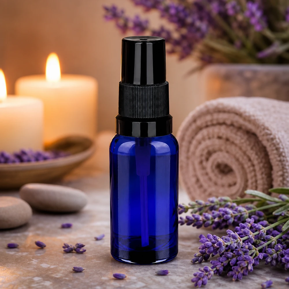 20 ml butelka ze spryskiwaczem czarna STD BlueLine UT18/20 Elegancka niebieska szklana butelka z rozpylaczem 20 ml z czarną nasadką do olejków eterycznych i kosmetyków