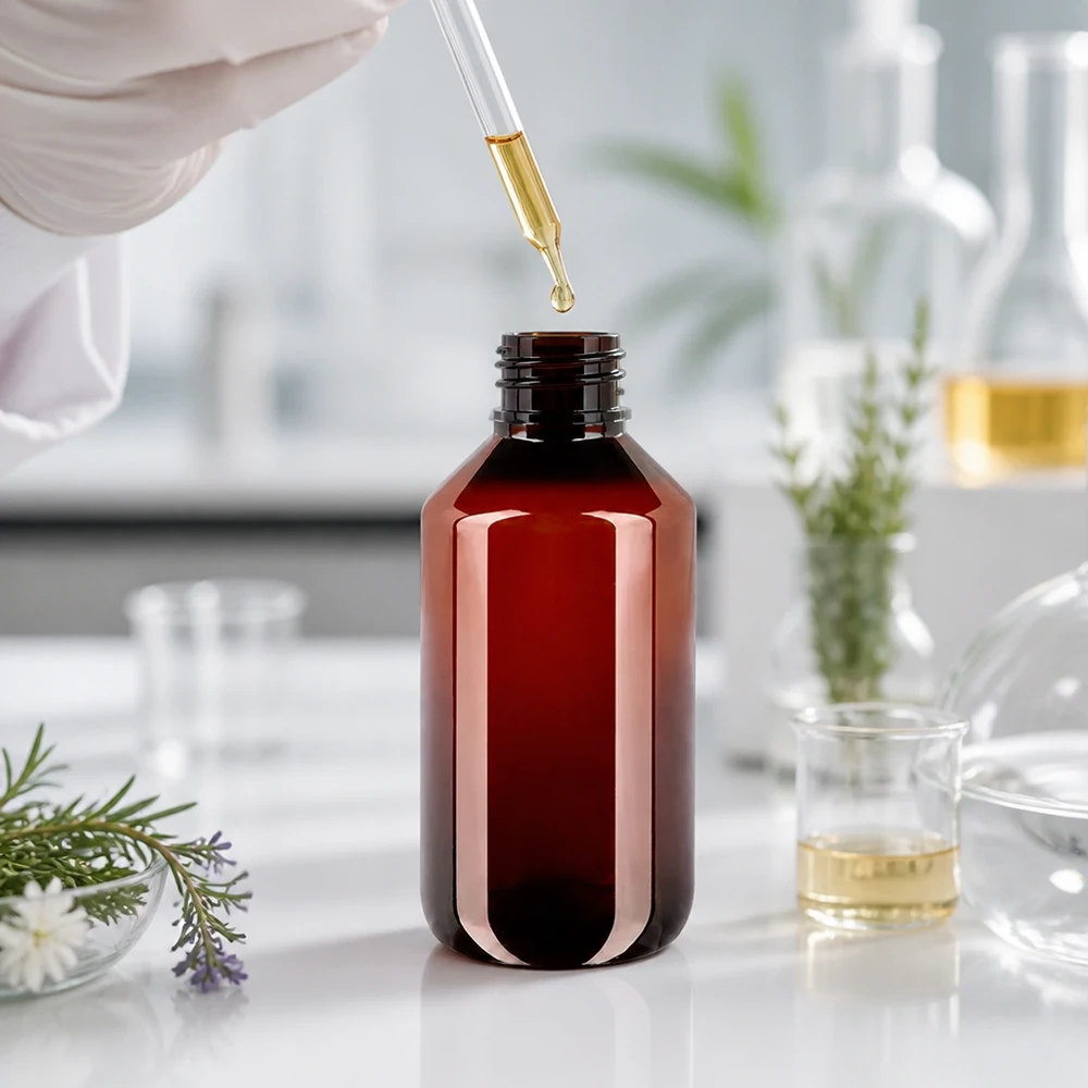 Brązowa butelka PET o pojemności 200 ml z czerwonym zamknięciem w otoczeniu laboratoryjnym, z pipetą i ekstraktami ziołowymi