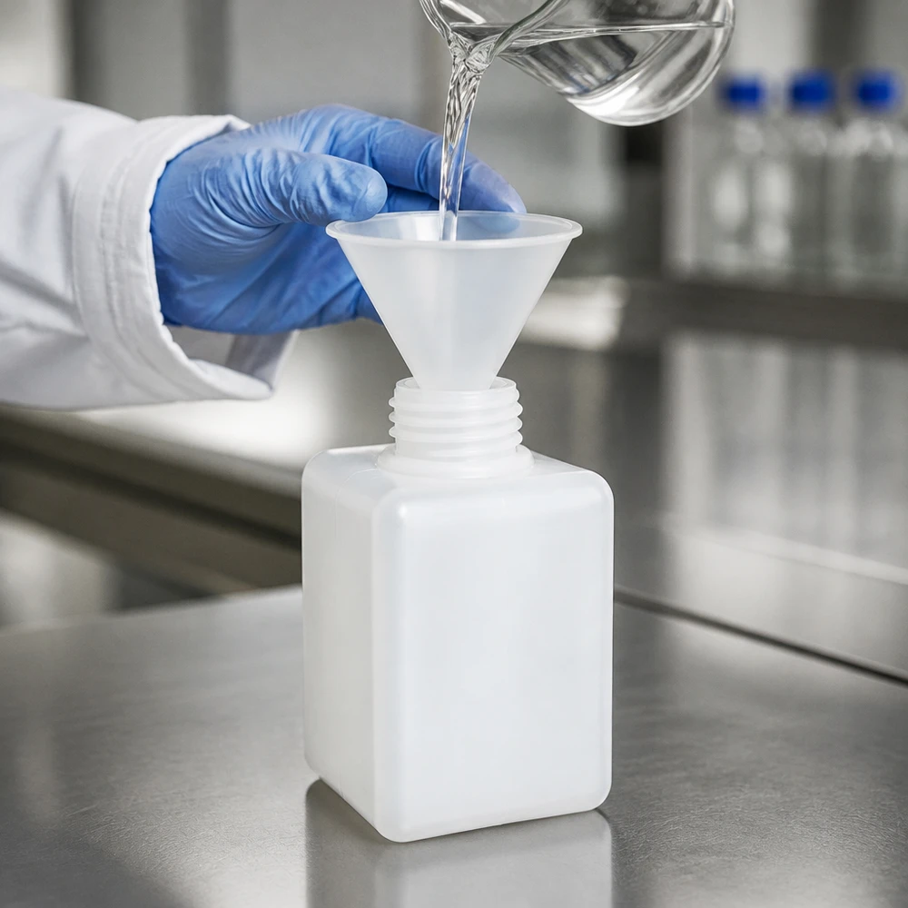 Biała, kwadratowa butelka z PE-HD o wąskiej szyjce, pojemność 100 ml, GL 25, z lejkiem do napełniania płynem