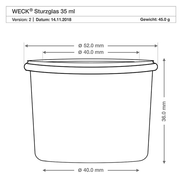 Kubki 35 ml ze szklaną pokrywką WECK RR40 Rysunek techniczny kubków WECK 35ml RR40 o wymiarach, średnica 40mm i 52mm, wysokość 36mm, waga 45g