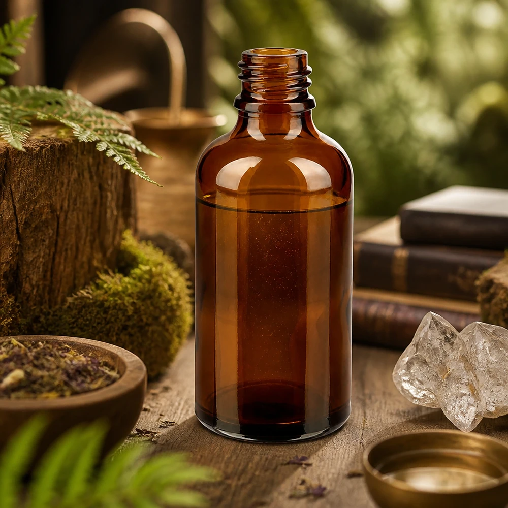 50 ml brązowa butelka apteczna ApoGlas z naturalnym ekstraktem ziołowym między kryształami mchu i antycznymi książkami