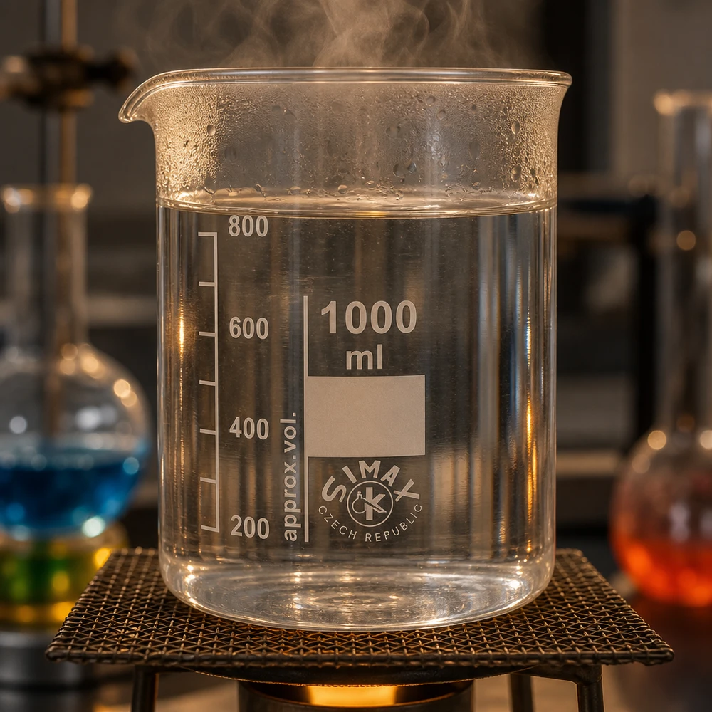 Zlewka 1000 ml ze szkła borokrzemowego, niski kształt Przezroczysta zlewka 1000 ml z niską formą wykonana ze szkła borokrzemowego do bezpiecznego użytku laboratoryjnego