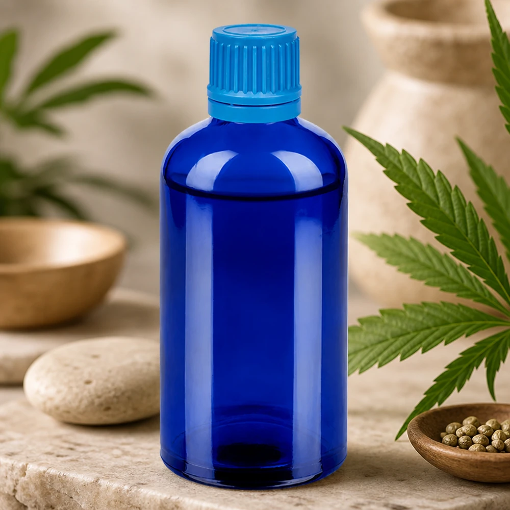 Szklana butelka farmaceutyczna BlueLine 100 ml z zabezpieczeniem przed manipulacją i gwintem UT18