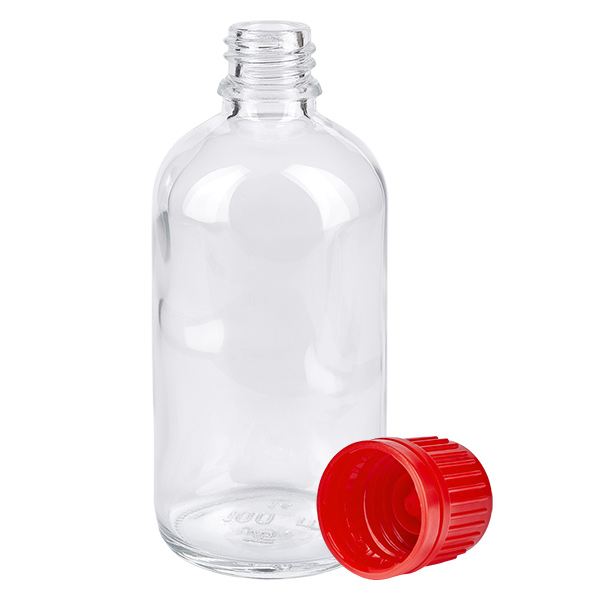 Butelka 100 ml 11 mm SV czerwony OV ClearLine UT18/100 Szklana butelka ClearLine o pojemności 100 ml, model UT18, z czerwonym zamknięciem zabezpieczającym przed dziećmi 11 mm, otwarta