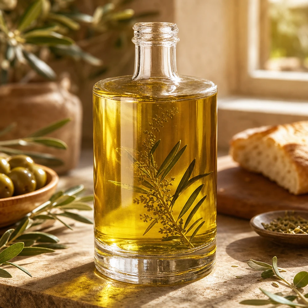 500ml szklana butelka Sam wypełniona oliwą z oliwek i ziołami Przykład zastosowania Kuchnia śródziemnomorska Dekoracja