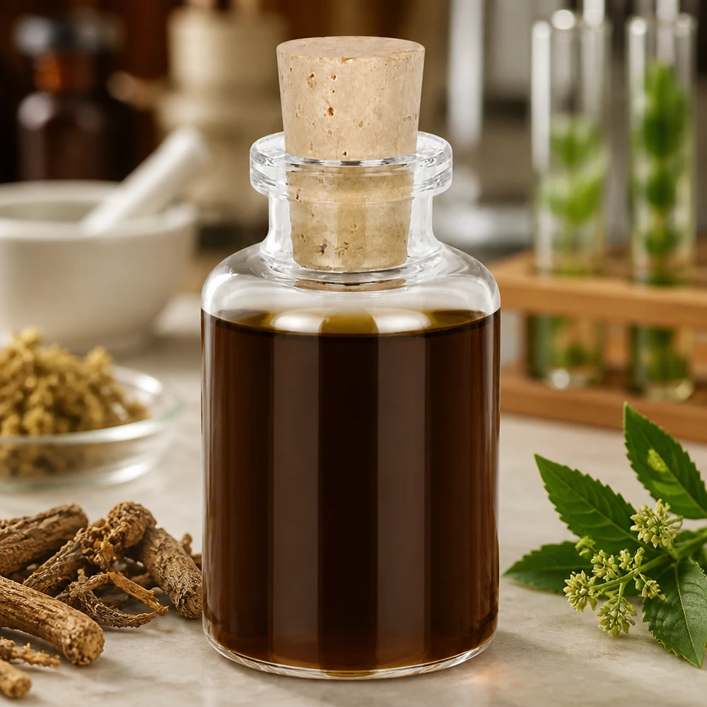 Butelka z przezroczystego szkła 30 ml z korkiem 11/14 mm Handliche Klarglasflasche 30ml mit Naturkorken auf Marmorfläche mit botanischen Zutaten