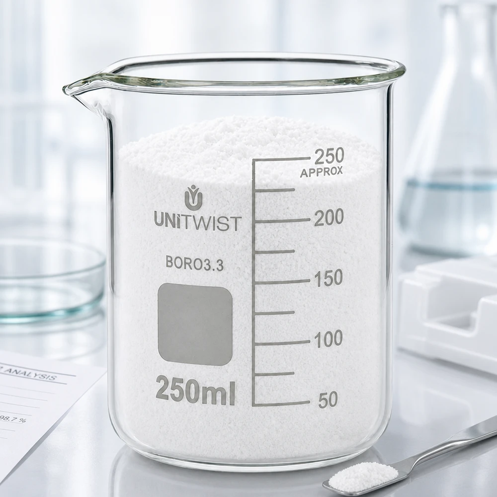 Zlewka 250 ml borokrzemianowa, niski kształt UNiTWIST Szklanka o pojemności 250 ml, o niskim profilu, wypełniona białym proszkiem, na podkładce laboratoryjnej UNiTWIST