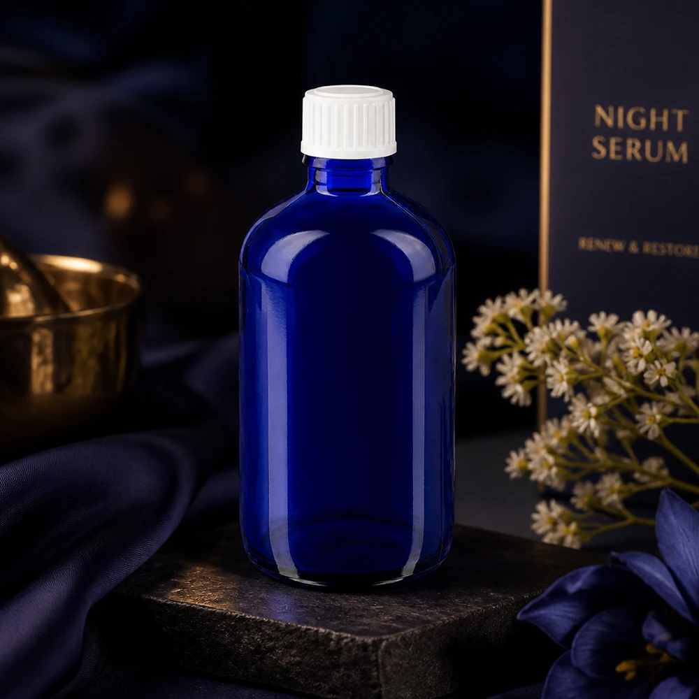 Butelka apteczna niebieska 100ml zakrętka biała szt. Niebieska szklana butelka o pojemności 100 ml z białym standardowym zamknięciem jako opakowanie serum na noc