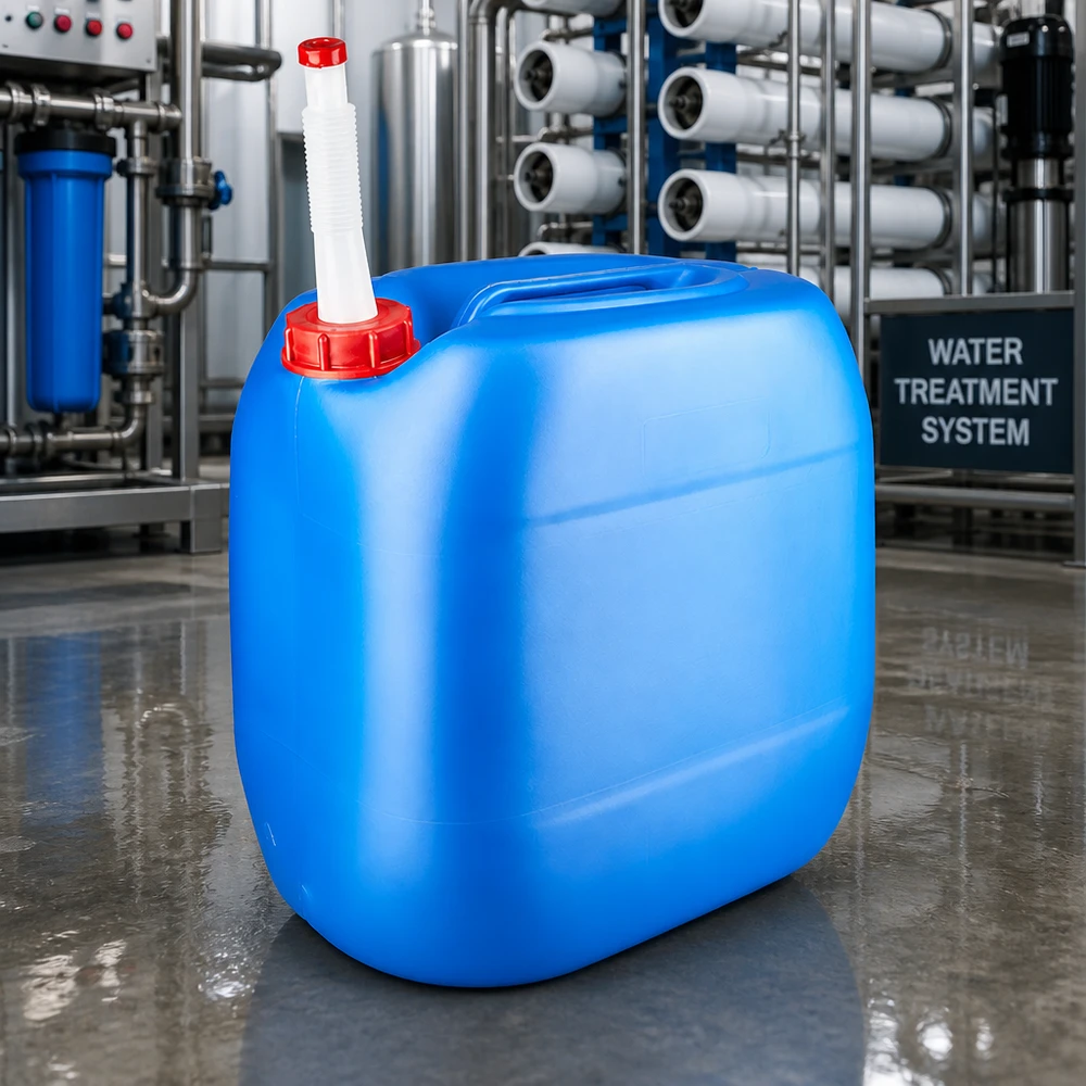 Kanister 30 litrów niebieski z rurką spustową Flex Niebieski kanister z HDPE o pojemności 30 l z rurką wylotową w stacji uzdatniania wody