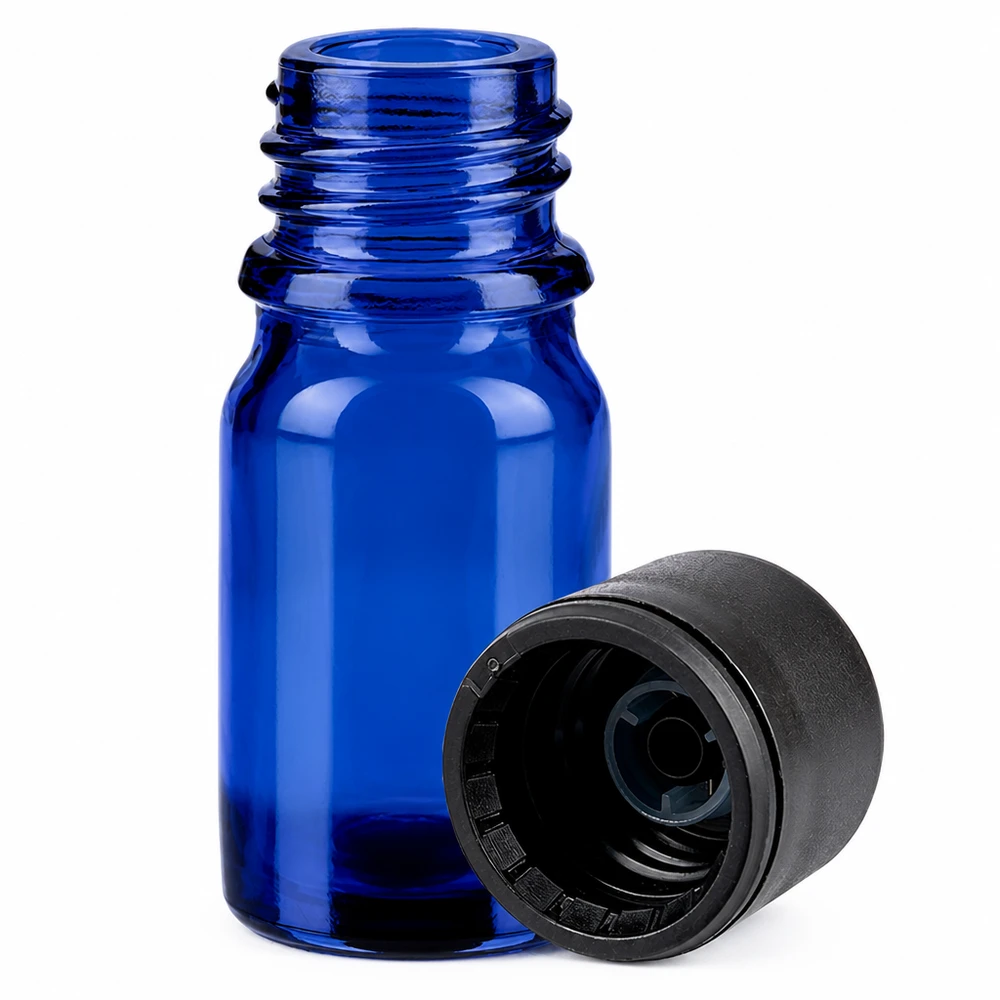 Butelka 5 ml 11 mm SV czarna OV BlueLine UT18/5 Niebieska szklana butelka z zakraplaczem o pojemności 5 ml i czarną zakrętką do kosmetyków i perfum