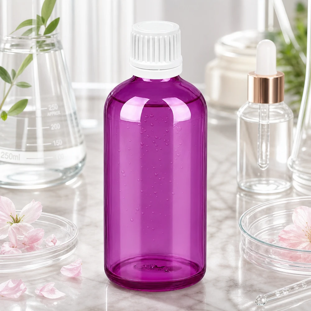 Butelka 100 ml z zakrętką 11 mm biała Oryginalna zakrętka PurpleLine UT18/100 Butelka PurpleLine 100 ml w eleganckim fioletowym kolorze z białą zakrętką 11 mm do zastosowań laboratoryjnych