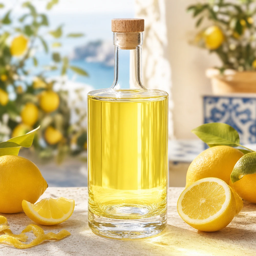 500ml szklana butelka Nora wypełniona likierem cytrynowym śródziemnomorska dekoracja drewniany korek UNiTWIST owoce cytrusowe