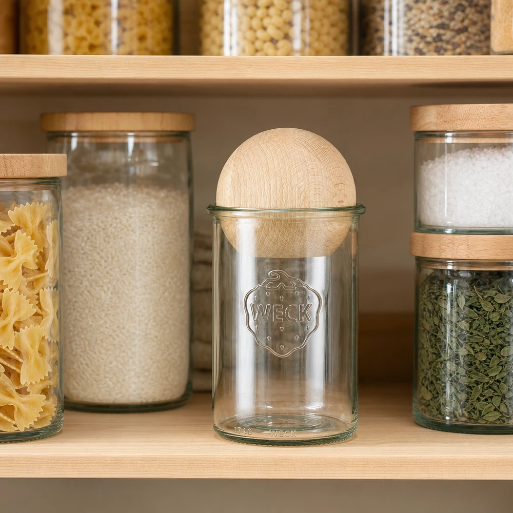 Tumbler 1000ml WECK RR100 z drewnianą kulką buk WECK Vorratsglas 1000ml RR100 mit Buchenkugel in moderner Küche zwischen Pasta, Reis und Gewürzen zur stilvollen Aufbewa