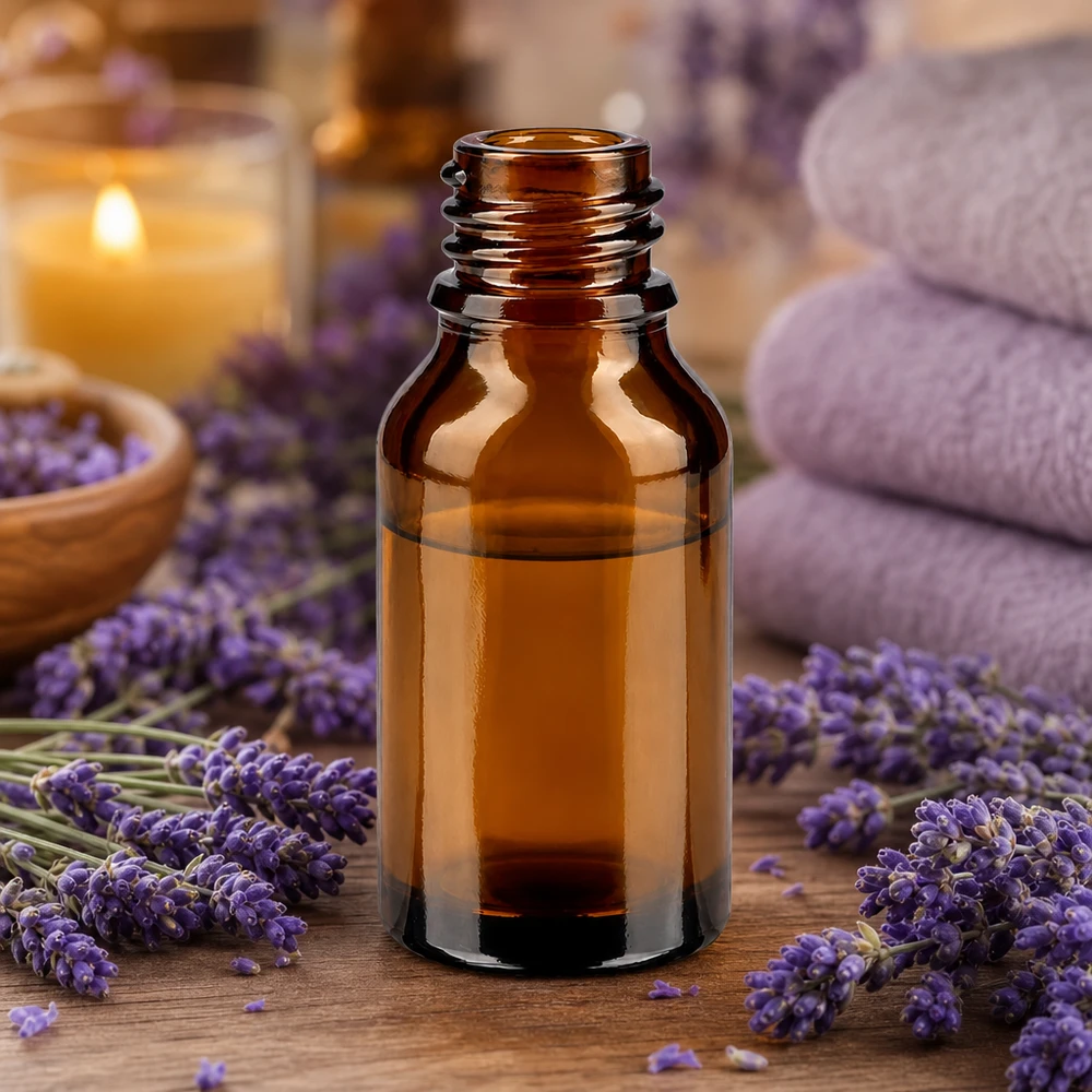 Butelka z zakraplaczem 15 ml DIN 18 szkło bursztynowe 15 ml brązowa butelka ApoGlas z kwiatami lawendy i ręcznikami w relaksującej atmosferze spa