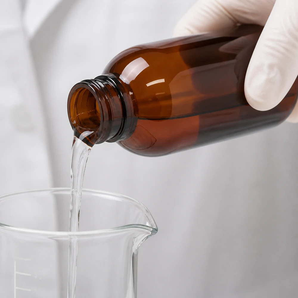 Abfüllvorgang im Labor mit klarer Flüssigkeit als Vorbereitung für 250ml PET Flasche mit Dispenserpumpe